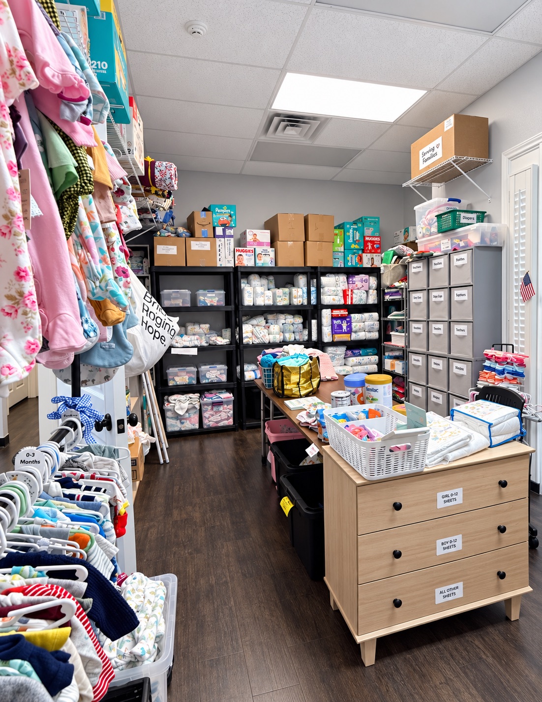 The PH4U resource room, stocked with diapers, clothing and supplies